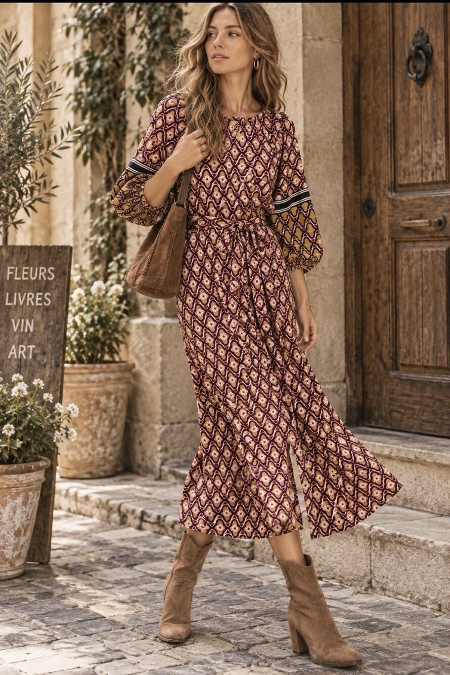 LOFT Petites SP Burgundy Retro Floral Tie Waist Midi Dress Balloon Sleeve